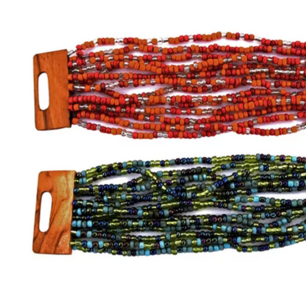 BARGAIN 2 Seed BEADED Bracelets with Wooden Lock Multi Layered